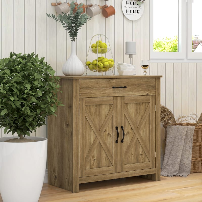 Farmhouse Sideboard Buffet Cabinet, Barn Door Coffee Bar Cabinet with Drawer and Adjustable Shelf, Kitchen Cabinet