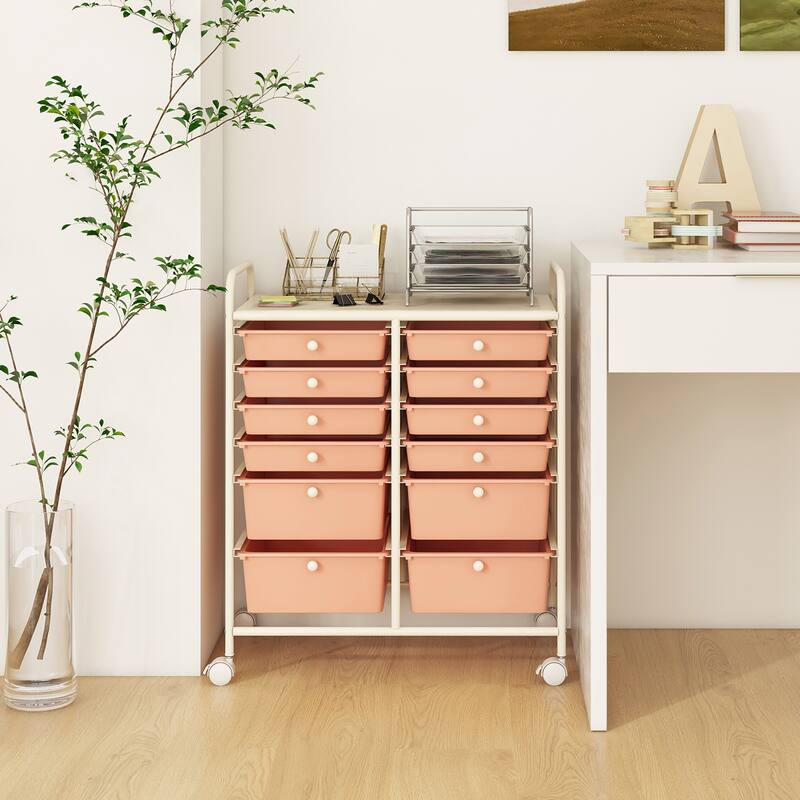 Gymax 12-Drawer Rolling Storage Cart w/ 2 Sizes Plastic Drawers Skin