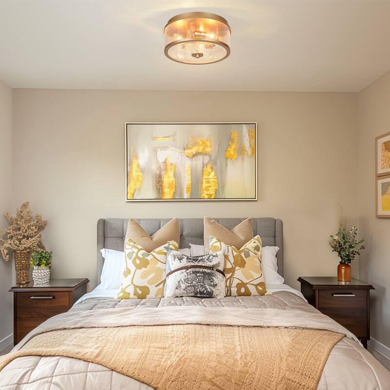 3-Light Modern Farmhouse Black Gold Drum Flush Mount Ceiling Light with Glass Shade - D12"×H6"