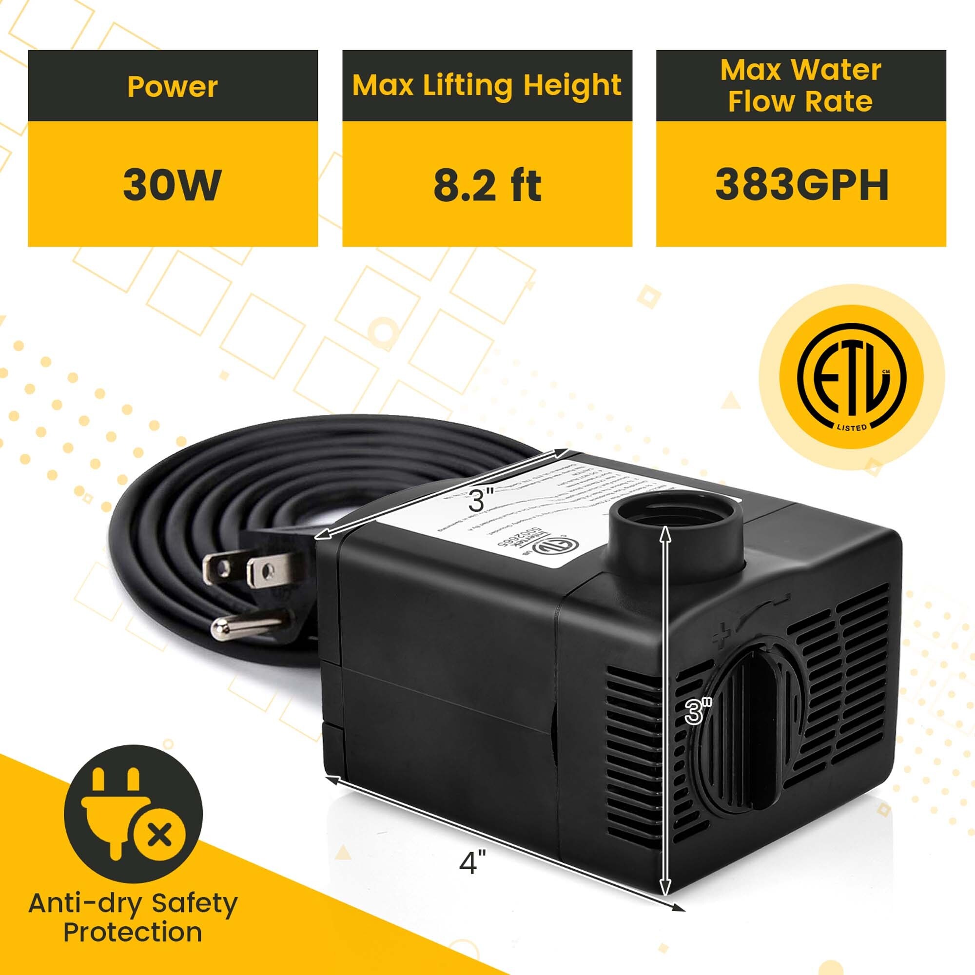 240GPH Submersible Pump Fountain Water Pump w/ 7.2ft High Lift