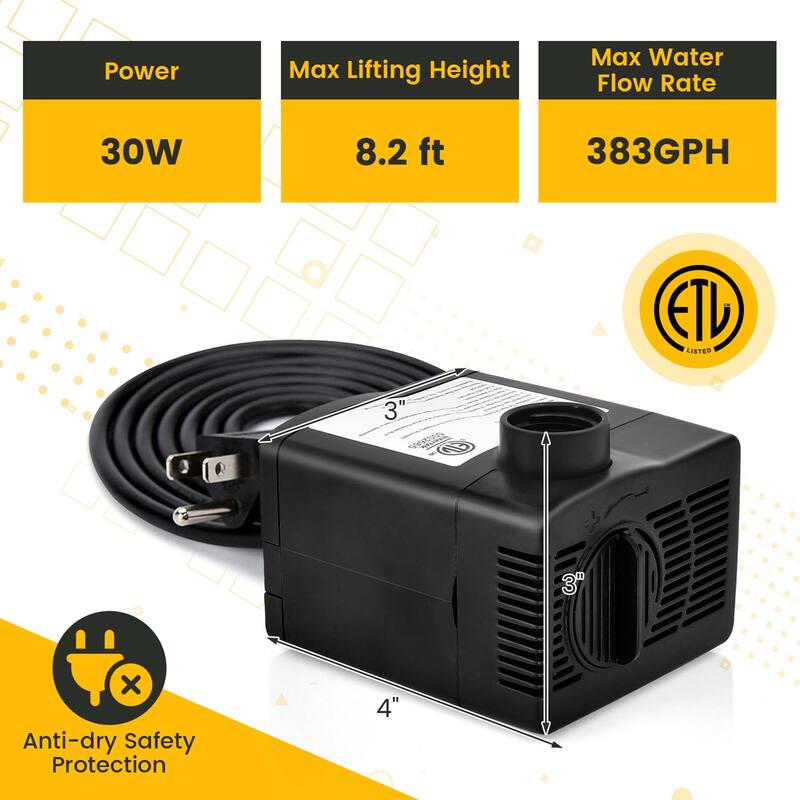 240GPH Submersible Pump Fountain Water Pump w/ 7.2ft High Lift