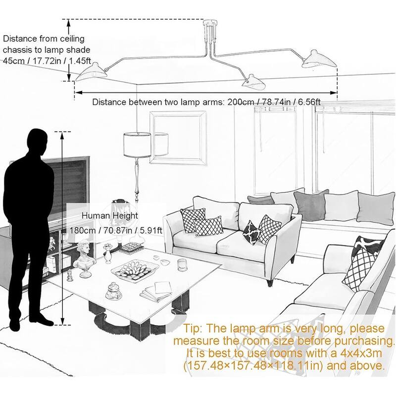Mid Century Modern 3 Arm Chandelier Black Arm Ceiling Light - 78.74*17.72in