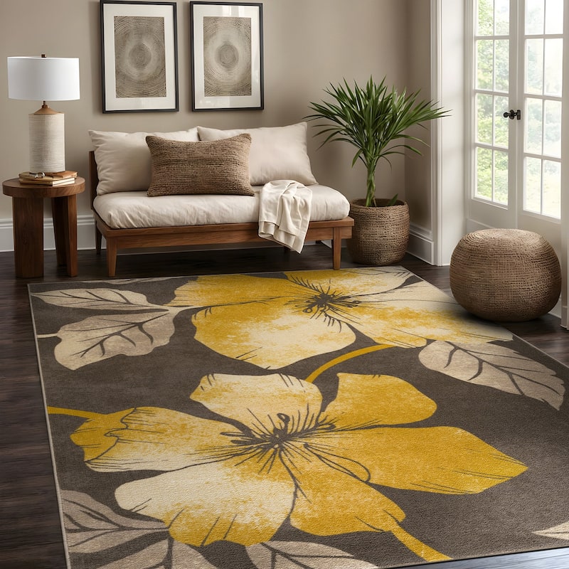 Bahamas Black White Floral Non-Slip Rubber Back Indoor Area Rug