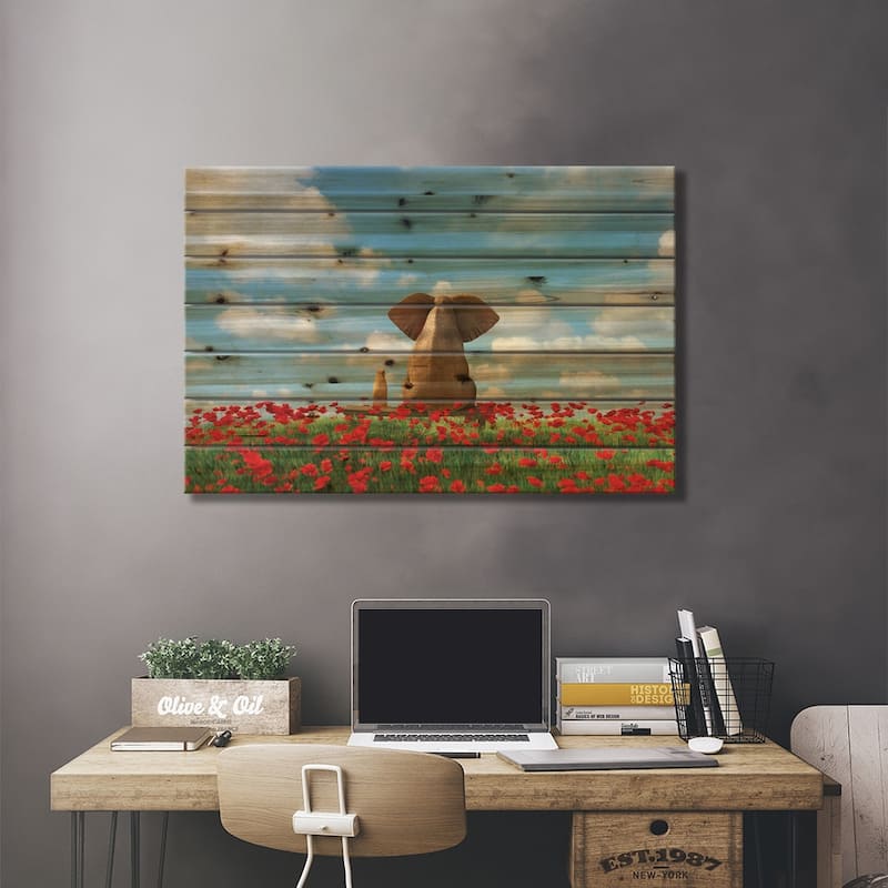 Elephant And Dog Sit On A Red Poppy Field Print On Wood by Mike Kiev - Multi-Color