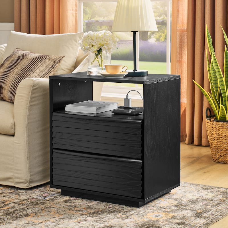 Roomfitters Mid Century Nightstand, Louver Design Bedside Table with USB Charging, Storage Drawers