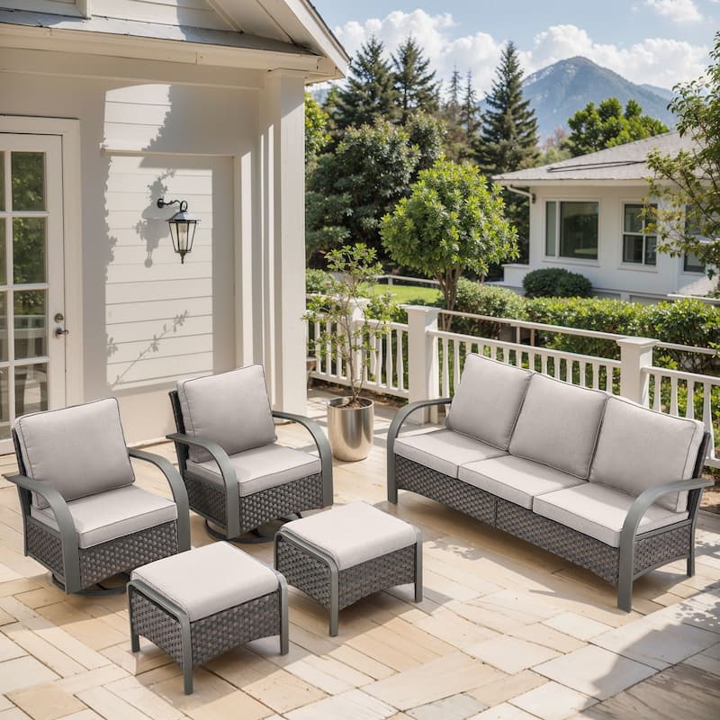 Outdoor PE Wicker Sofa Swivel Chairs and Ottomans - Beige - Brown