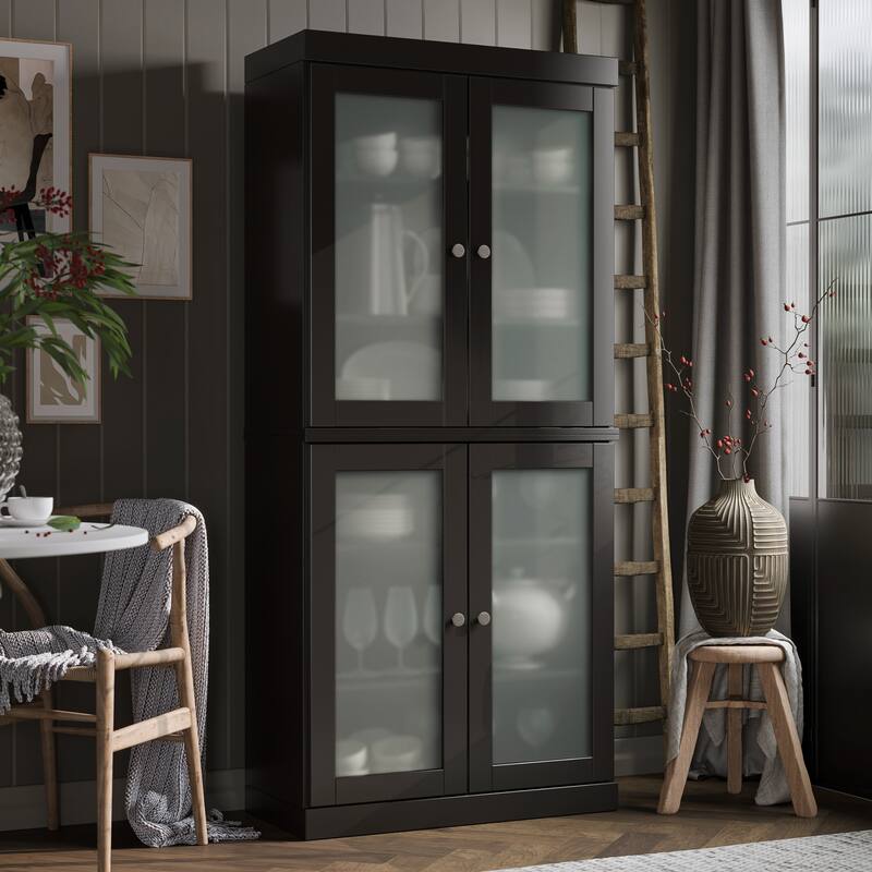 Palace Imports 100% Solid Wood Pantry Cabinet with Frosted, Clear Glass or Solid Doors and Adjustable Shelves - Black - Frosted Glass
