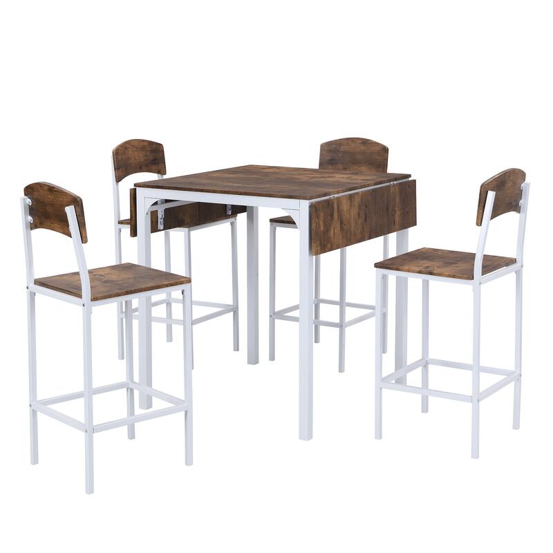 Space-Saving Farmhouse 5-Piece Drop Leaf Dining Set, Counter Height with Metal Frame and Comfortable Chairs for 4