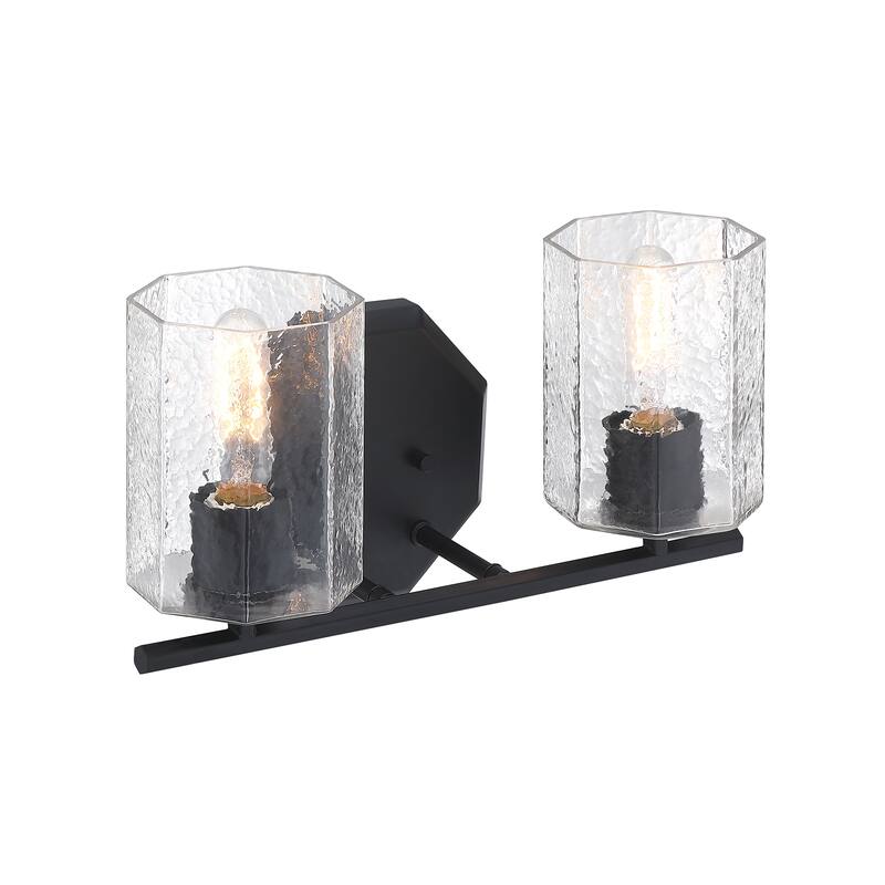 Haven 16 in. 2-Light Matte Black Vanity Light with Clear Rippled Glass Shades for Bathrooms