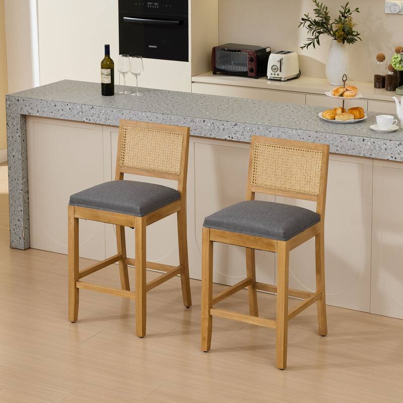 Roomfitters French Country Dining Chairs Set of 2 with Rattan Back and Upholstered Seat, Wood Side Chairs for Kitchen - Gray
