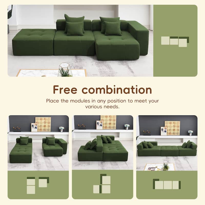 105.5'' Modular L-Shaped 3-Seater Sectional Sofa in Corduroy Upholstery with Tufted Design and 4 Pillows, No Assembly Needed
