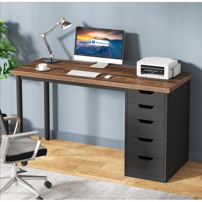 47" Computer Desk with 5 Drawers & Reversible Cabinet, Rustic Home Office Desk with Storage, Modern Study Writing Table