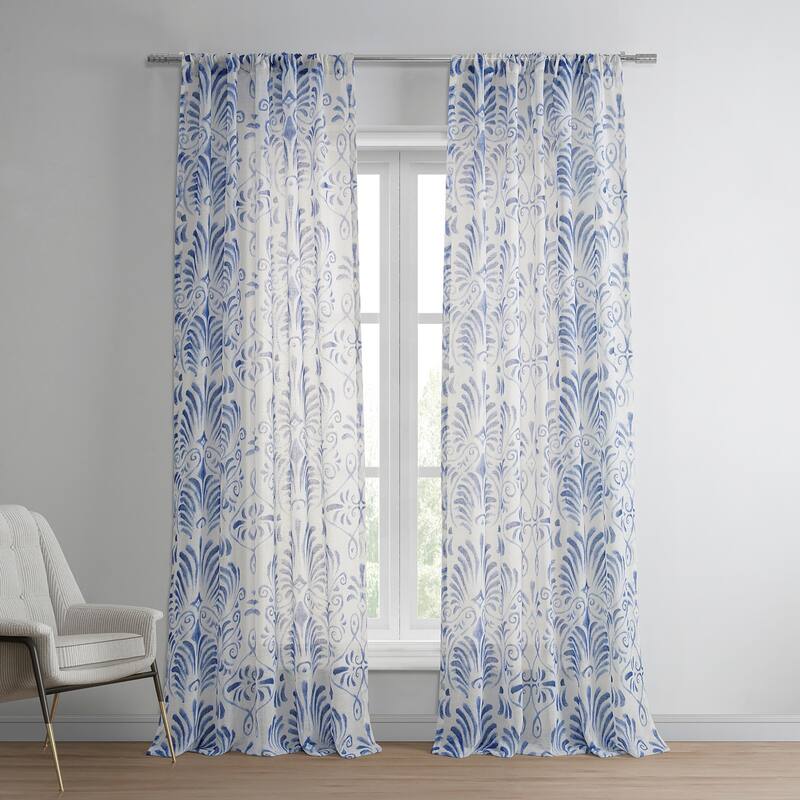 Exclusive Fabrics Xenia Printed Faux Linen Sheer Rod Pocket Curtain (1 Panel) - 50 X 108 - xenia blue