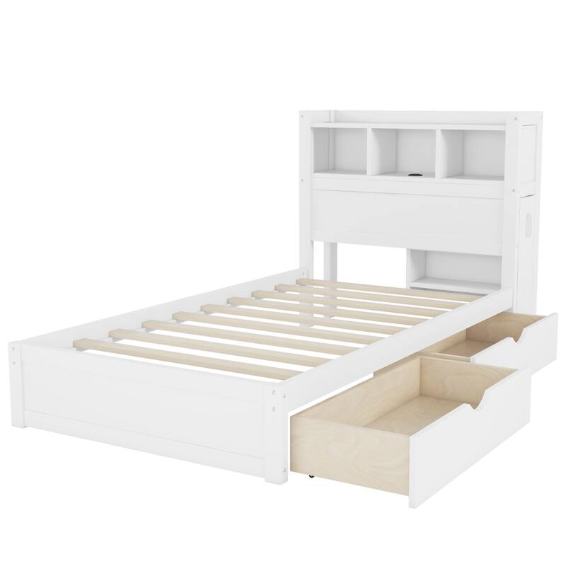 Roomfitters Twin/Full Platform Bed, LED Bookcase Headboard and Pull Out Storage Drawers with Wooden Frame for Bedrooms