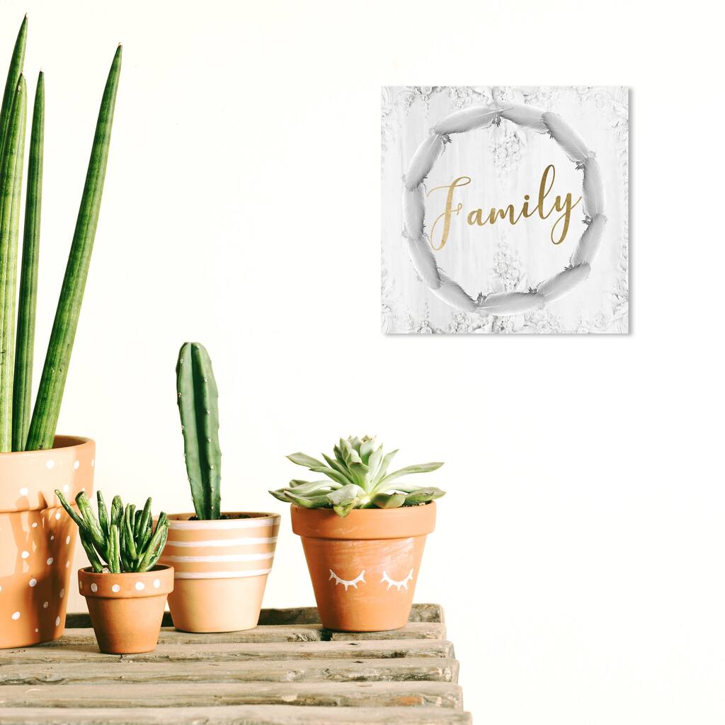 Wynwood Studio Prints Typography and Quotes Family Gold and Feathers Gold and Gold Modern & Contemporary Wall Art Canvas Print