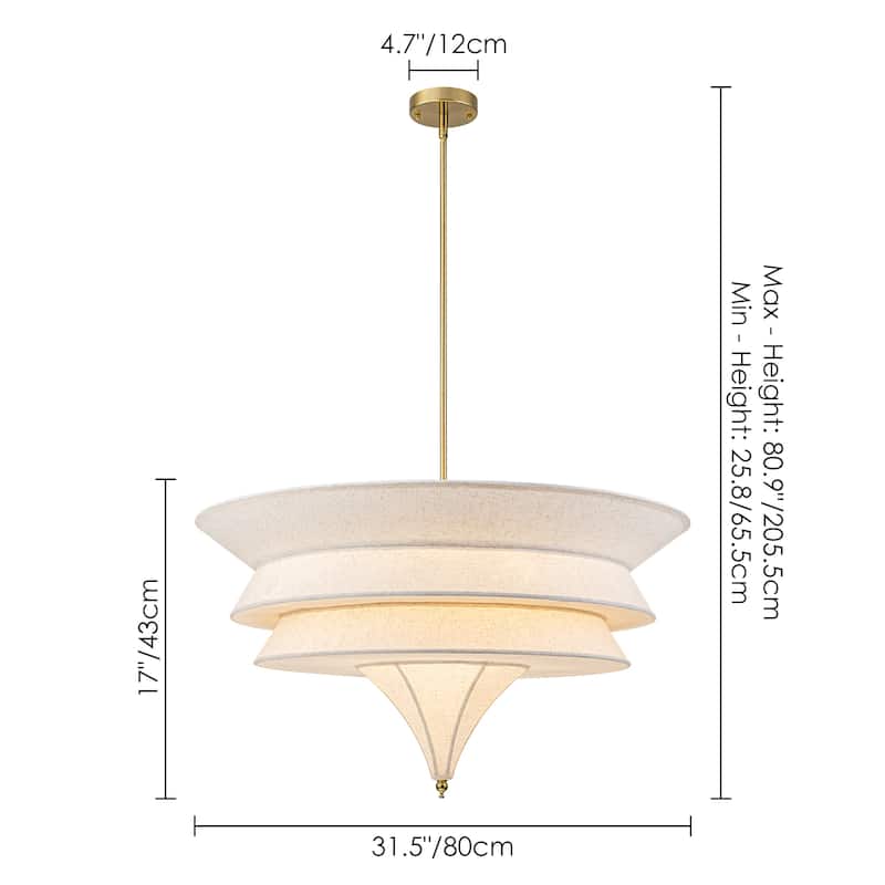 5-Light Mid-Century Modern Brass Chandelier for Dining Room&Living Room - Four-Layer Textured Fabric Shade - 5 Light