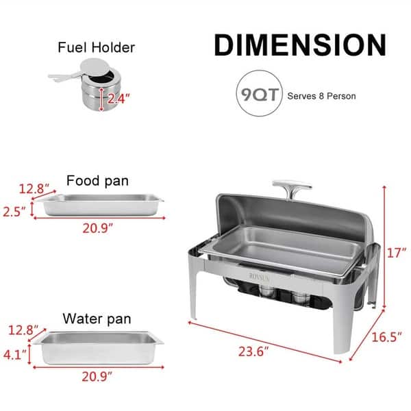 1/2 Set 9Qt Full Size Roll Top Stainless Steel Rectangular Chafer Buffet Chafing Dish