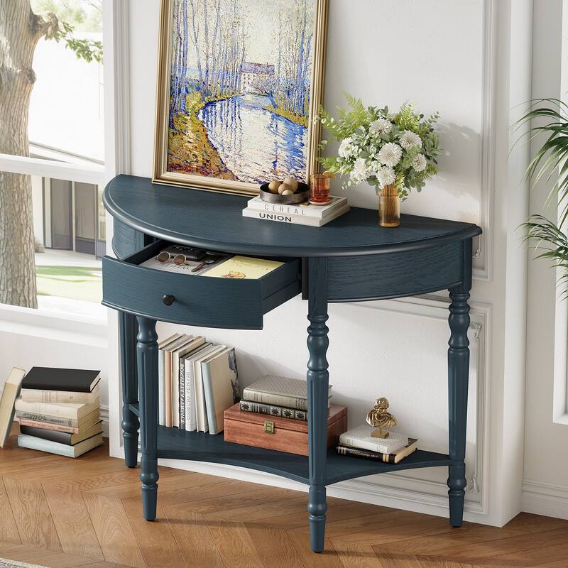 39" Farmhouse Half Moon Console Table with 1 Drawer and Shelf