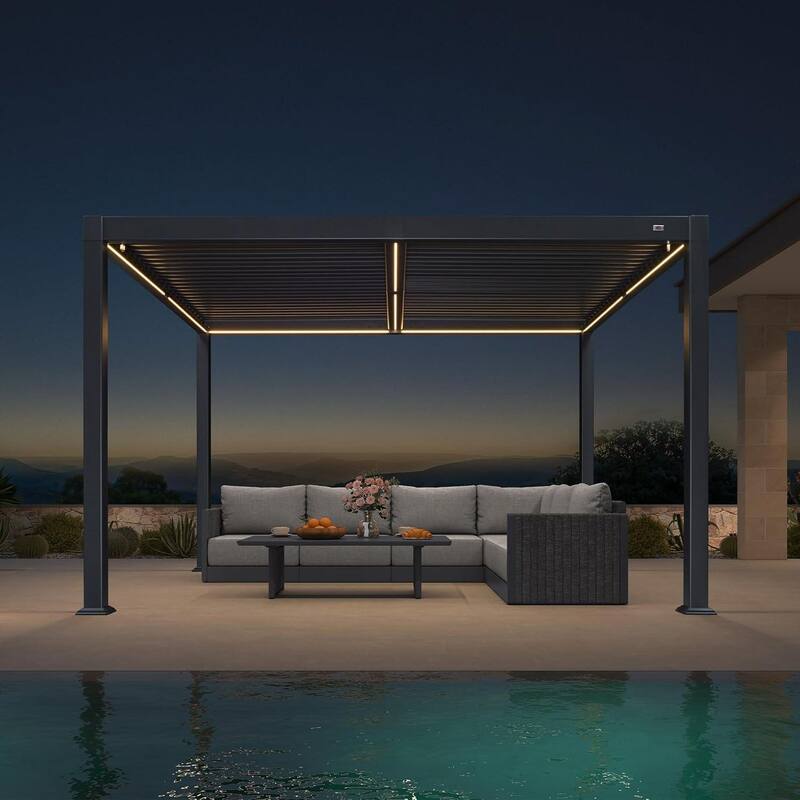 PURPLE LEAF Solar Louvered Pergola with LED String Lights Aluminum Outdoor Pergola with Adjustable Roof for Patio Garden