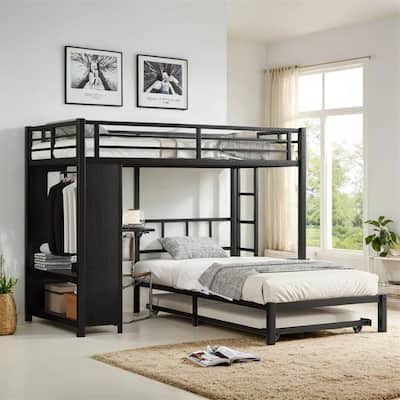 Twin Over Twin Bunk Bed w/Built-in Wardrobe,Metal Bunk Bed w/Trundle