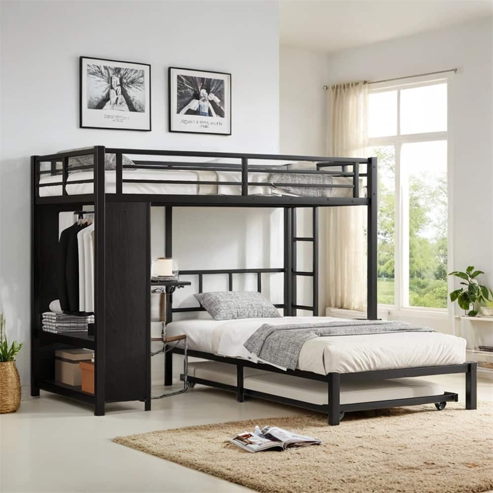 Twin Over Twin Bunk Bed w/Built-in Wardrobe,Metal Bunk Bed w/Trundle