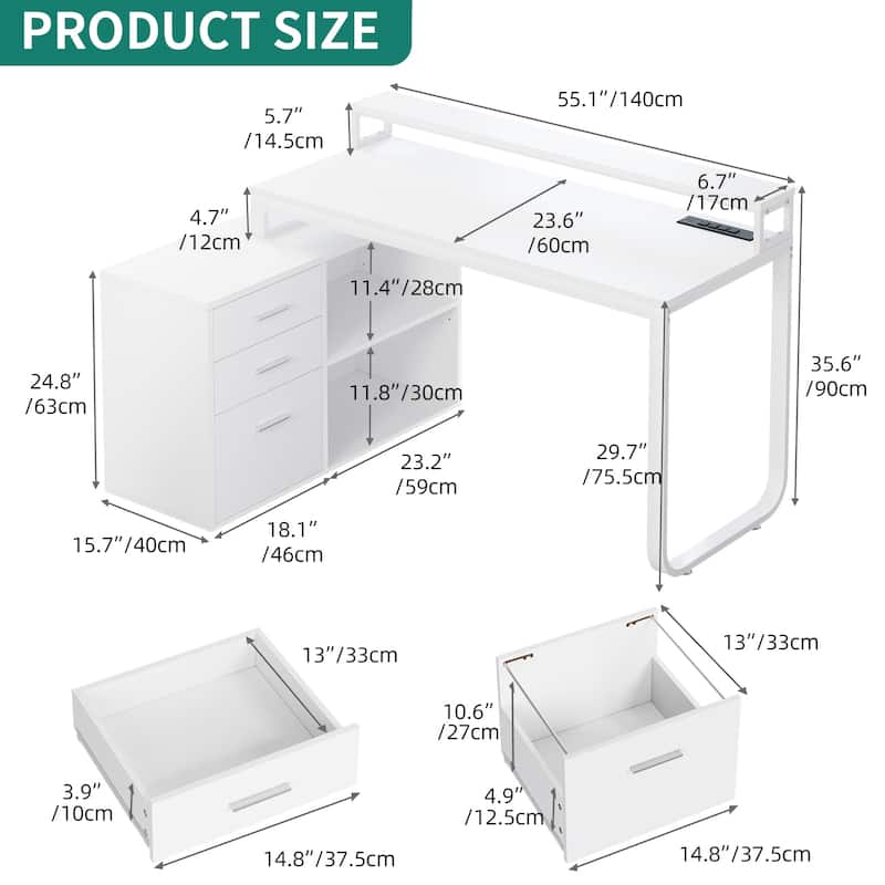 55 Inch L-shaped Gaming Desk with Power Outlets and LED Lights Computer Corner Desk with File Cabinet Monitor Stand