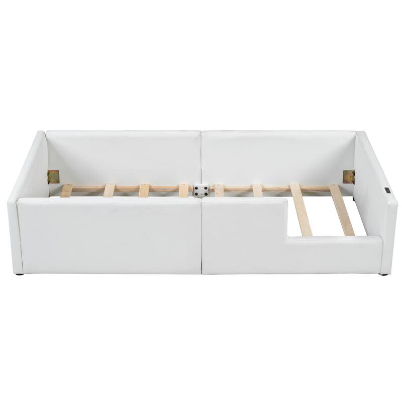 White Floor Bed Frame, Twin Size Upholstered Platform Bed with Slats, Guardrail and Charging Station for Children, Boys & Girls