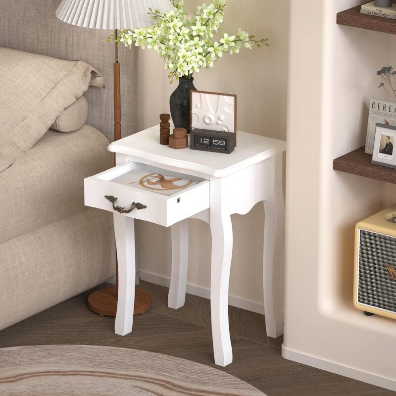 White Living Room Floor-standing Storage Table with a Drawer, 4 Curved Legs