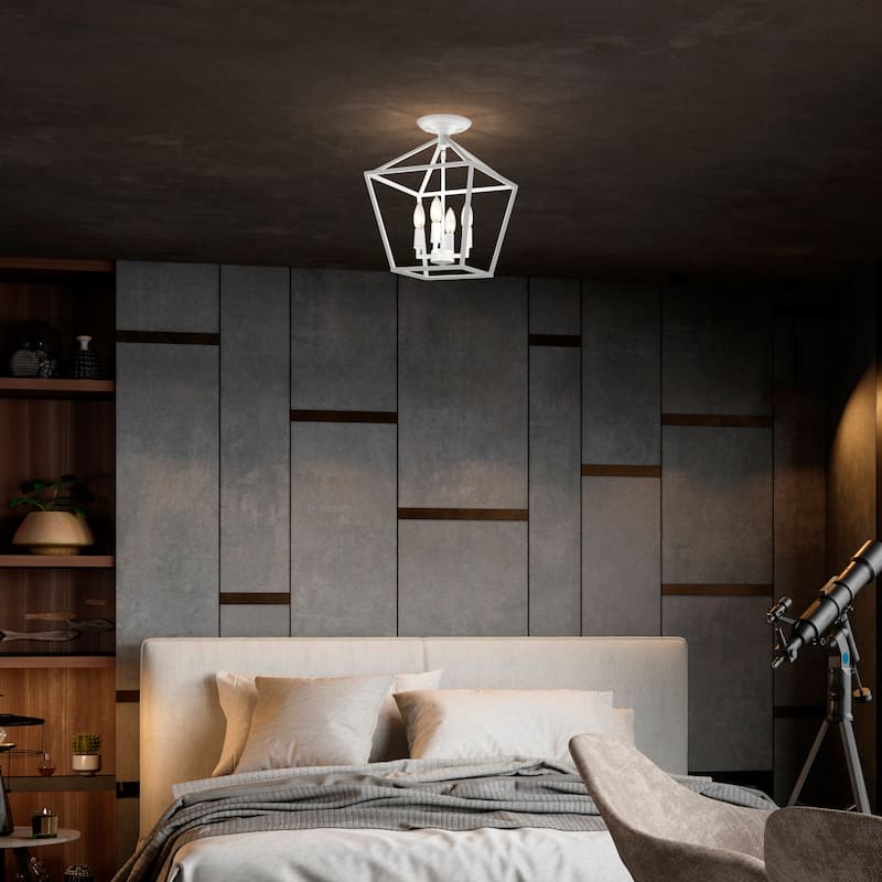 12 in. 4-Light Farmhouse Caged White Semi- Flush Mount Ceiling Light - N/A