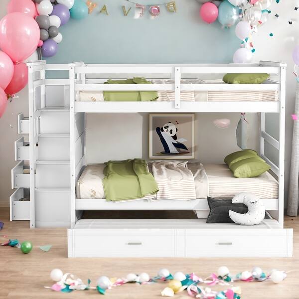 slide 2 of 39, Full Over Full Elegant Bunk Bed with Twin Size Trundle & Staircase,Built-In Storage,Sophisticated & Practical Bunk Bed White