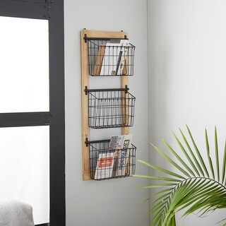 Black Iron Wood Vintage Farmhouse Basket Magazine Wall Rack Storage