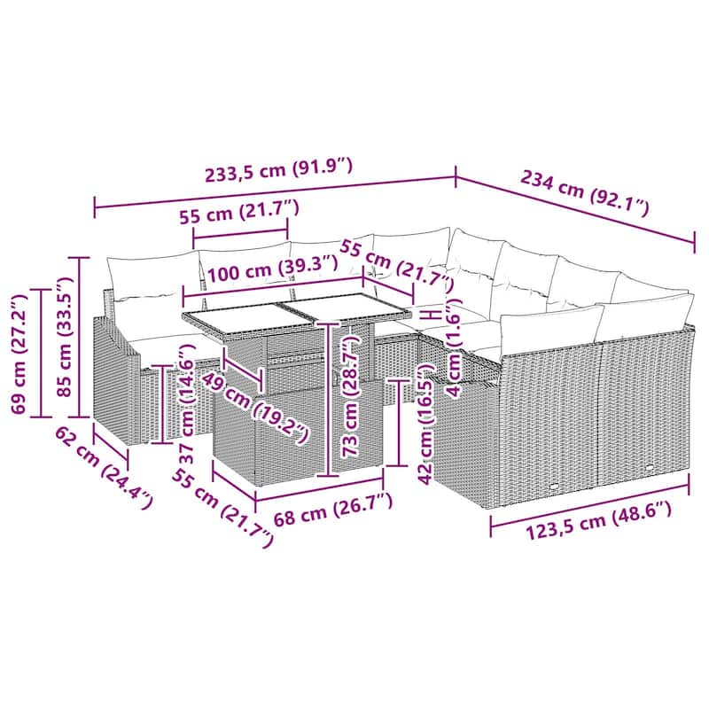 vidaXL 9 Piece Garden Sofa Set with Cushions - 91.9×92.1×27.2