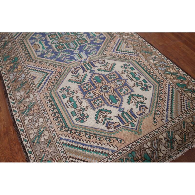 Beige Geometric Bakhtiari Vintage Persian Rug Handmade Wool Carpet - 4'10" x 9'9"
