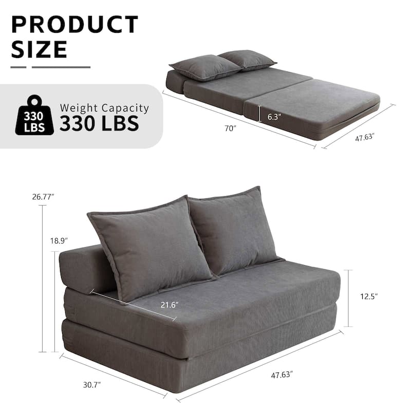 47.63" Corduroy 2-Seater Sleeper Sofa, Floor Mattress and Backrest