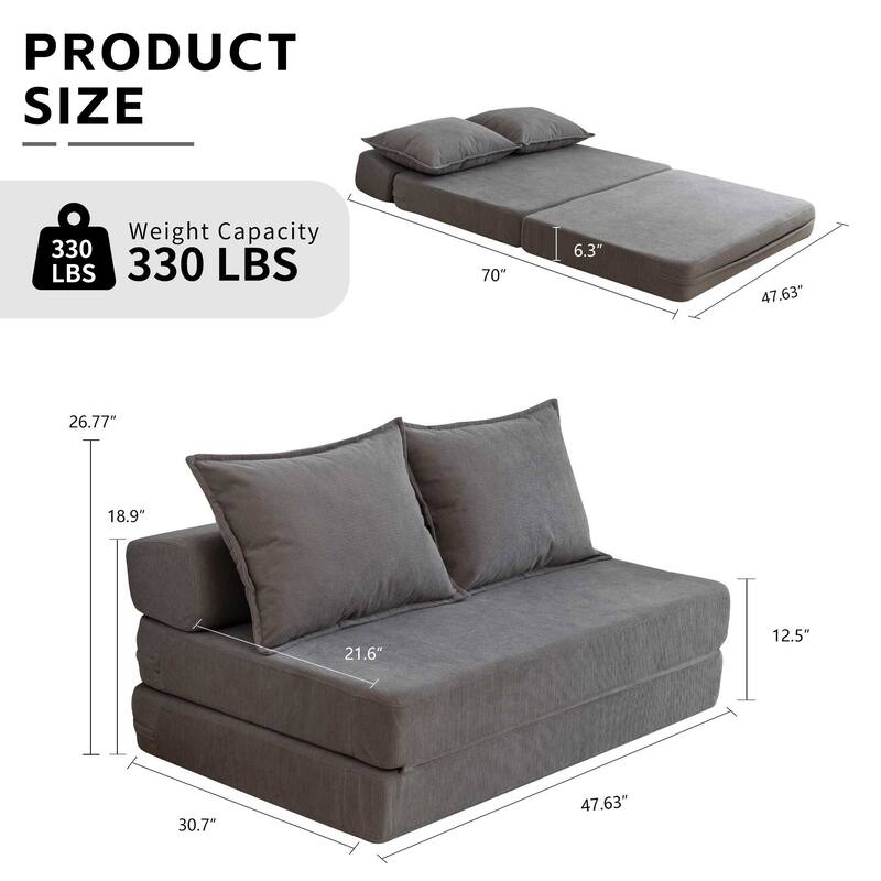 Foldable Sofa Bed Sleeper Lounge Chair in Gray Corduroy for Multiple Spaces