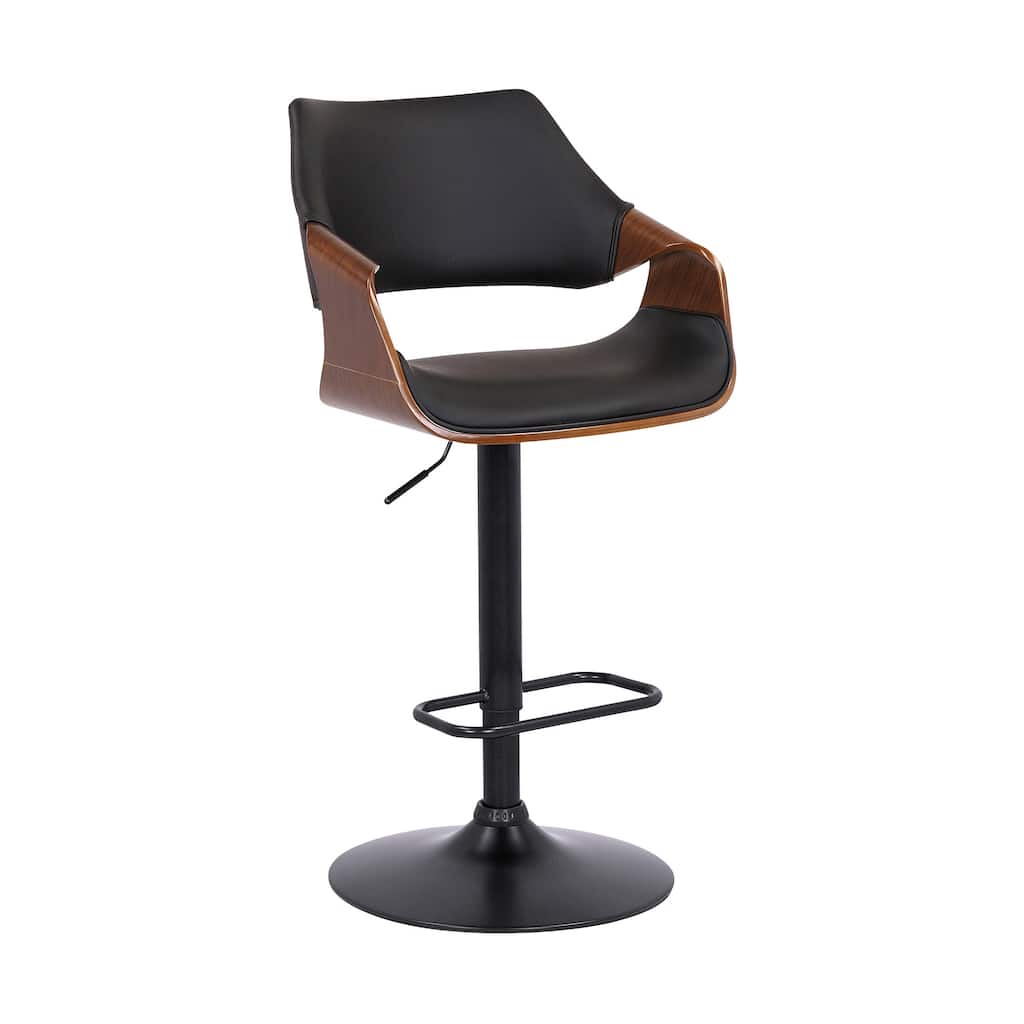 Black Leather and Walnut Wood and Black Swivel Adjustable Bar Stool