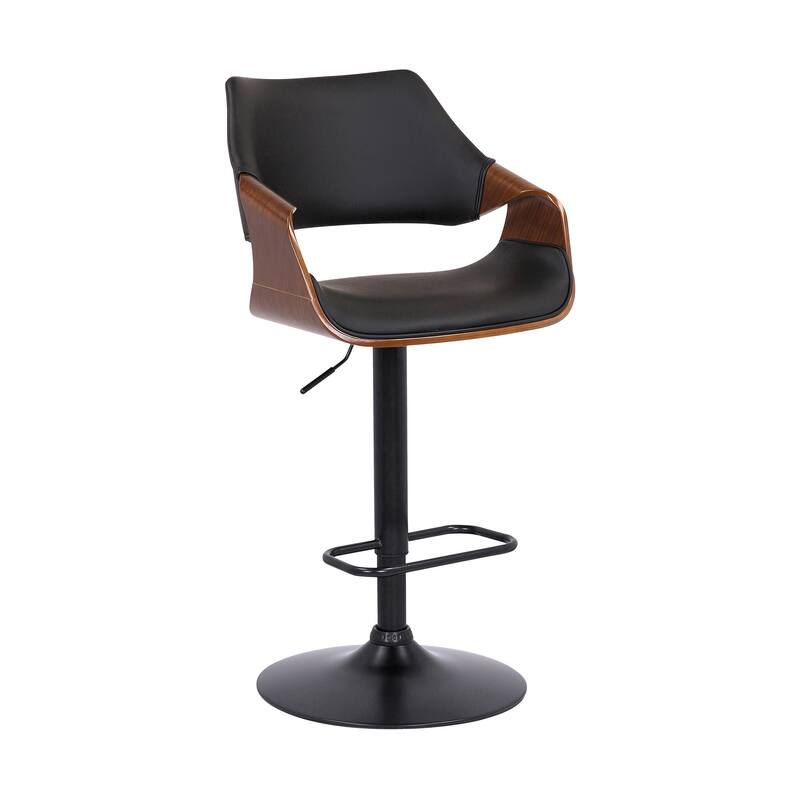 Black Leather and Walnut Wood and Black Swivel Adjustable Bar Stool