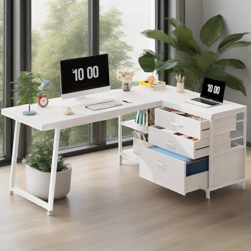 Reversible L Shaped Computer Desk with Drawers and Storage Shelves Modern White Finish Sturdy Home Office Workstation