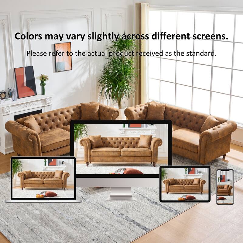 Roomfitters Two 80" Classic Chesterfield Upholstered Sofa Set, Button Back Scrolled Arm 3+3 Living Room Couch Set, Brown