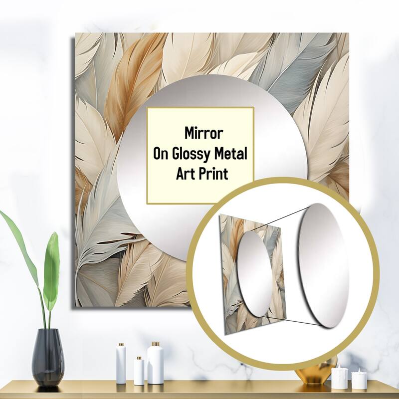 Designart "Feathery plumes" Feathers Wall Mirror - Animals Large Square Printed Mirror For Hallway