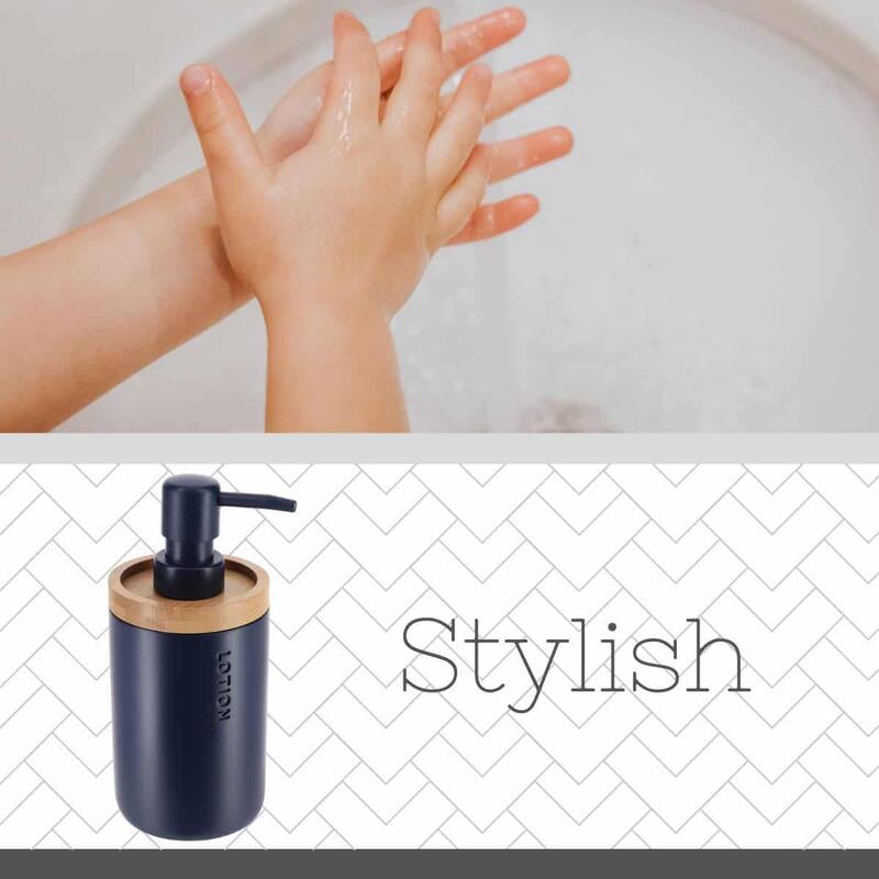 Elegant Soap Dispenser - Polyresin and Bamboo Design, Refillable Liquid Pump - 3 L x 3 W X 7 h