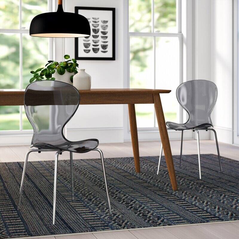 Oyster Modern Stackable Plastic Dining Chair with Curved Backrest and Accent Chrome Legs for Kitchen or Café Use Set of 2