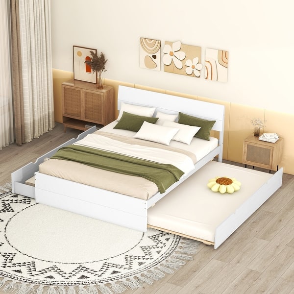 slide 2 of 9, Full Size Bed with Twin Size Trundle Bed and 2 Drawers, Wooden Platform Bed Frame with Headboard for Girls Boys Teens Adults White - Full