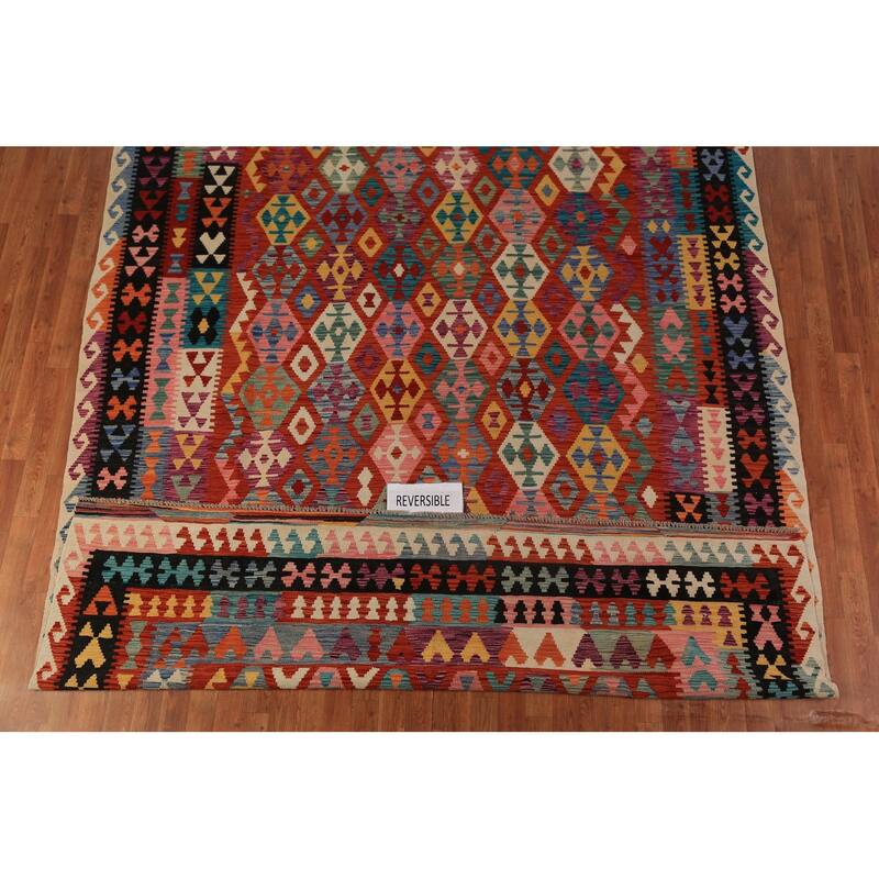 Geometric Kilim Oriental Area Rug Hand-Woven Multi-Color Wool Carpet - 8'1"x 11'1"