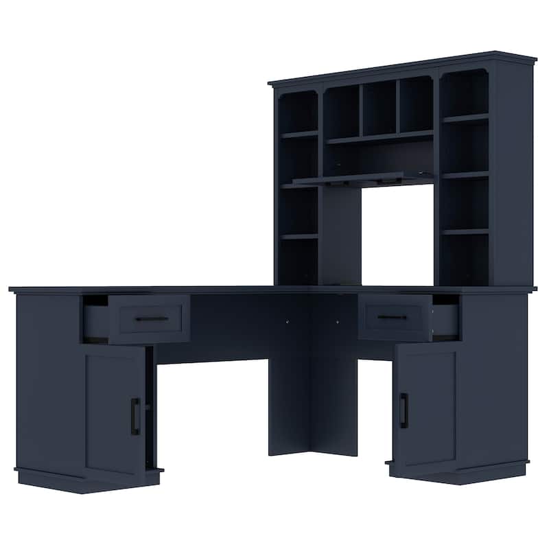 GDFStudio - Honey L-Shaped Computer Desk with Multiple Open Shelves and Built-in Power Outlet