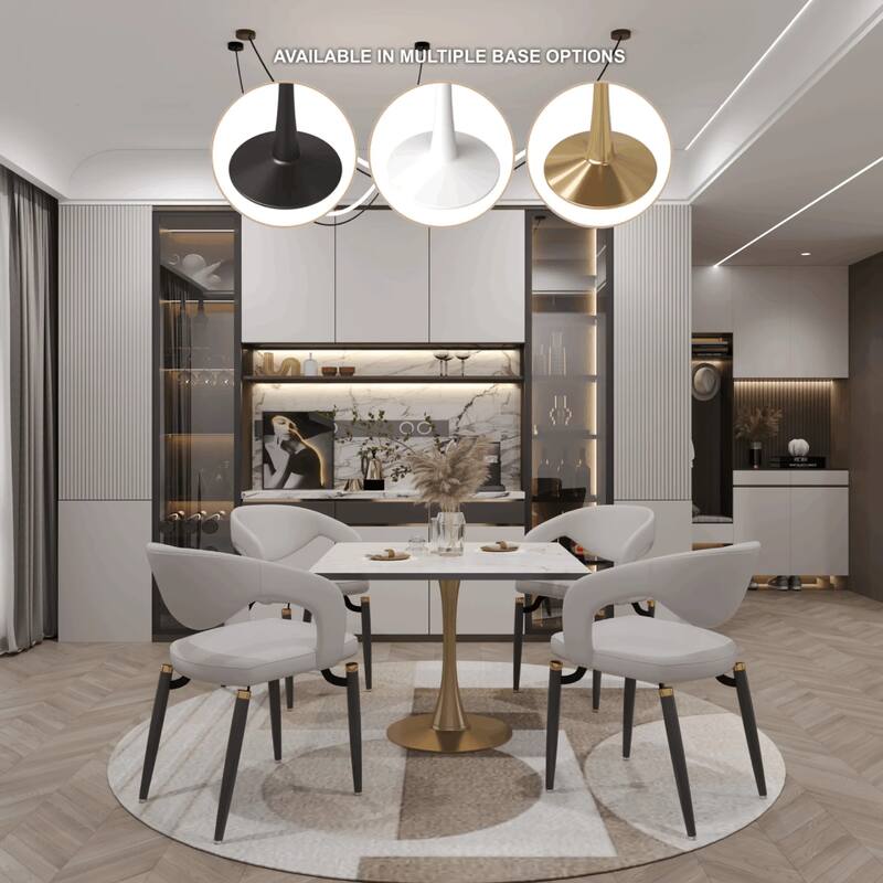 Bristol Square Marbled White MDF Wood Top and Gold Steel Pedestal Base Dining Table for Dining Rooms, Kitchens, and Restaurants