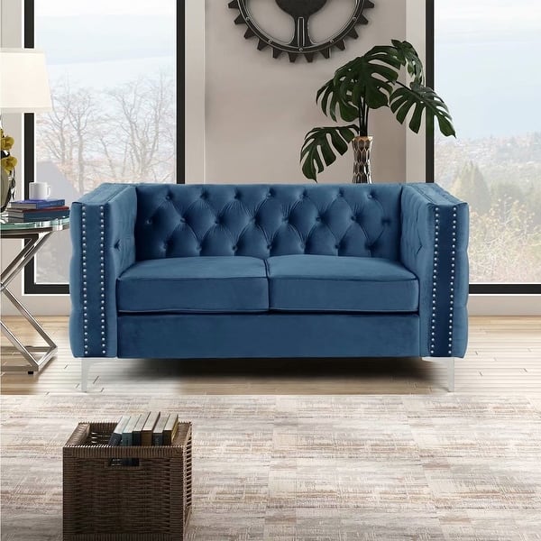 slide 2 of 22, Modern Loveseat with Deep Dutch Velvet, Iron Legs Blue
