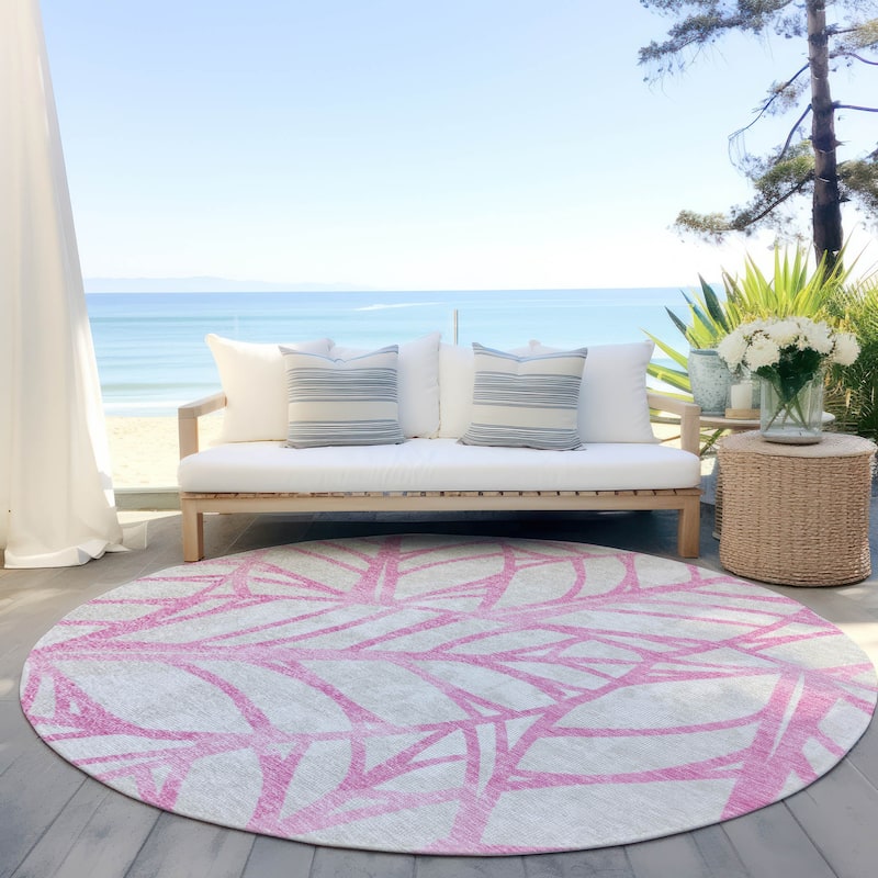 Machine Washable Indoor/ Outdoor Chantille Modern Palms Rug - Pink - 8' x 8'