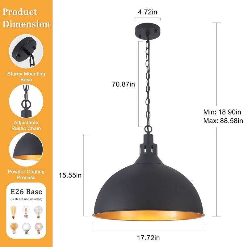 Modern Fashion Simple Black 1-Light Chandelier Height Adjustable With Metal Domed Shade