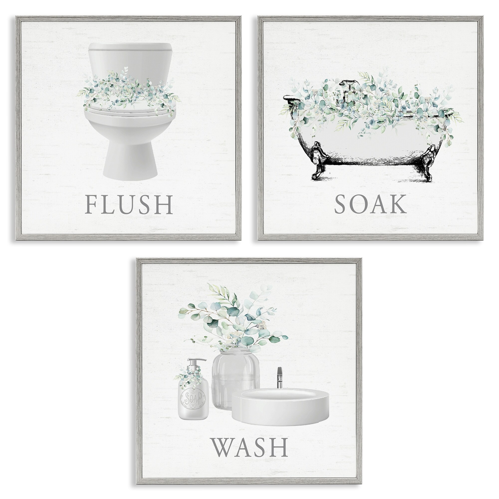 Stupell Bathroom Rules with Eucalyptus Framed Giclee Art Design By Lettered and Lined (Set of 3)